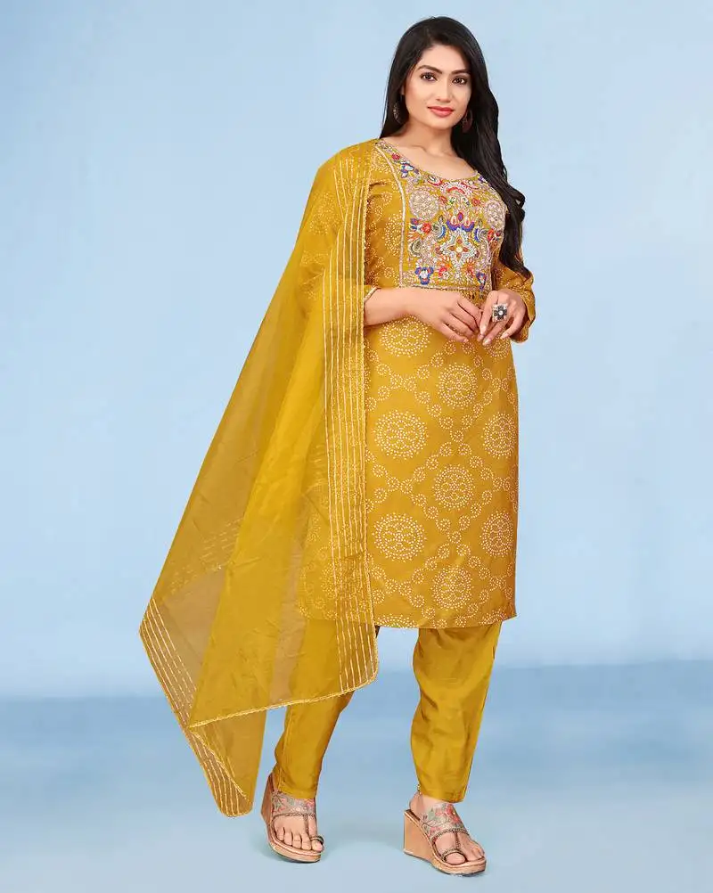 Mustard viscose print dola with handwork kurta set