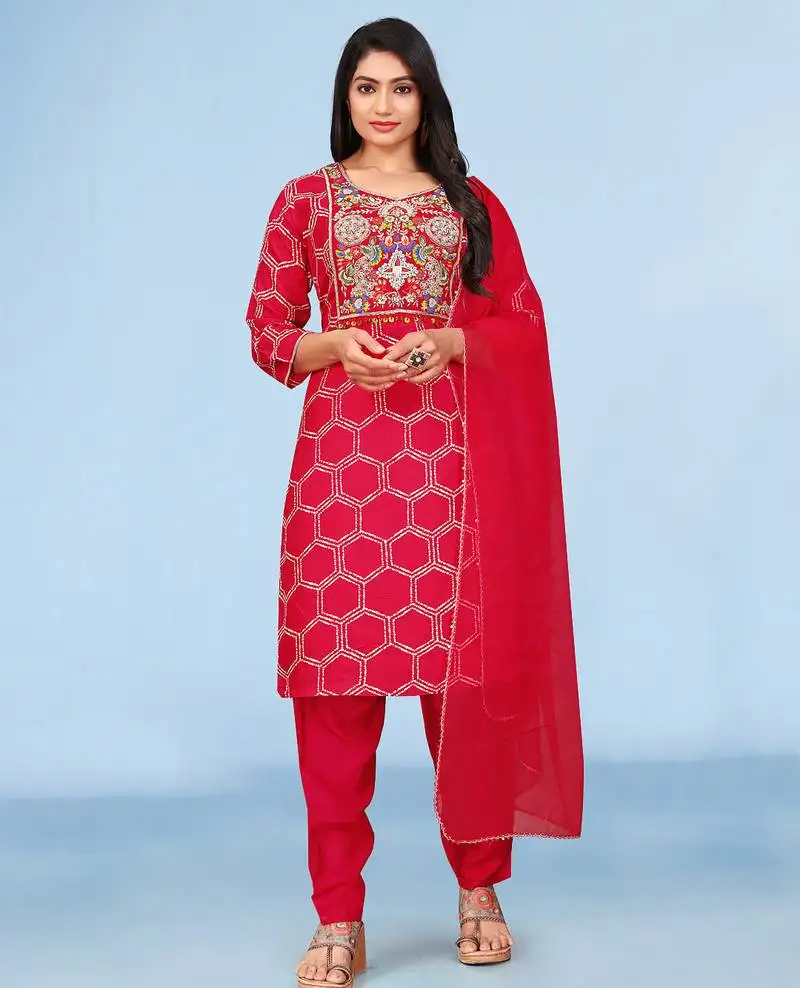 Red viscose print dola with handwork kurta set
