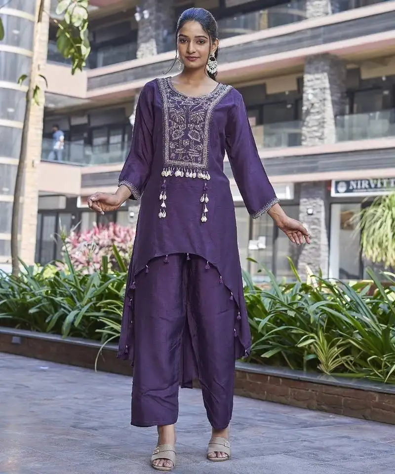Purple viscose dola with handwork kurta set