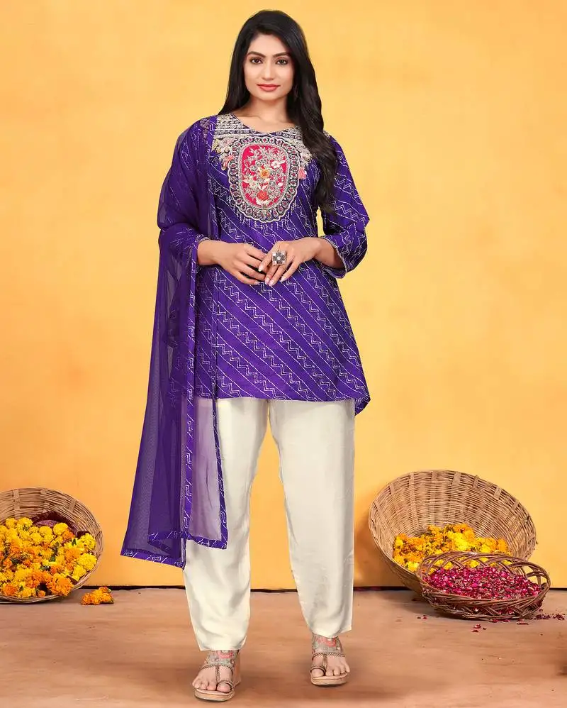 Purple viscose print dola with handwork kurta set