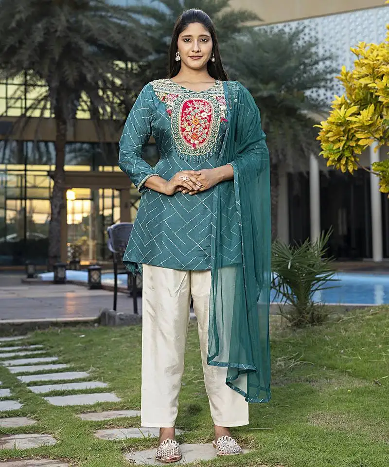 Teal blue viscose print dola with handwork kurta set