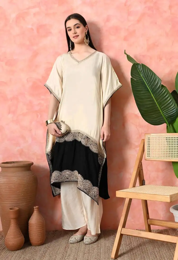 Off white viscose dola with kolkata handwork kurta set