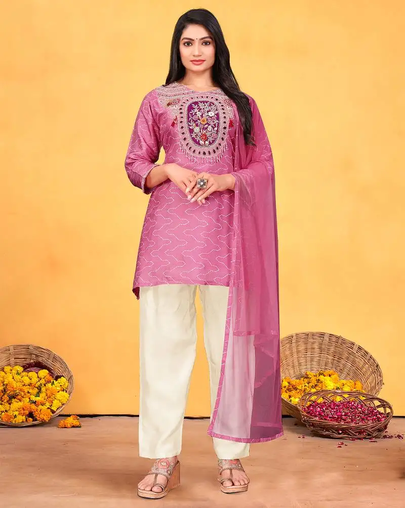 Onion viscose print dola with handwork kurta set