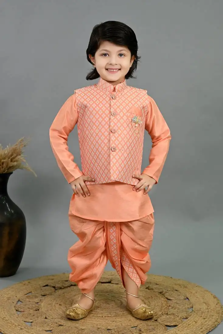 Boys peach cotton silk diamond pattern kurta & dhoti set with waistcoat