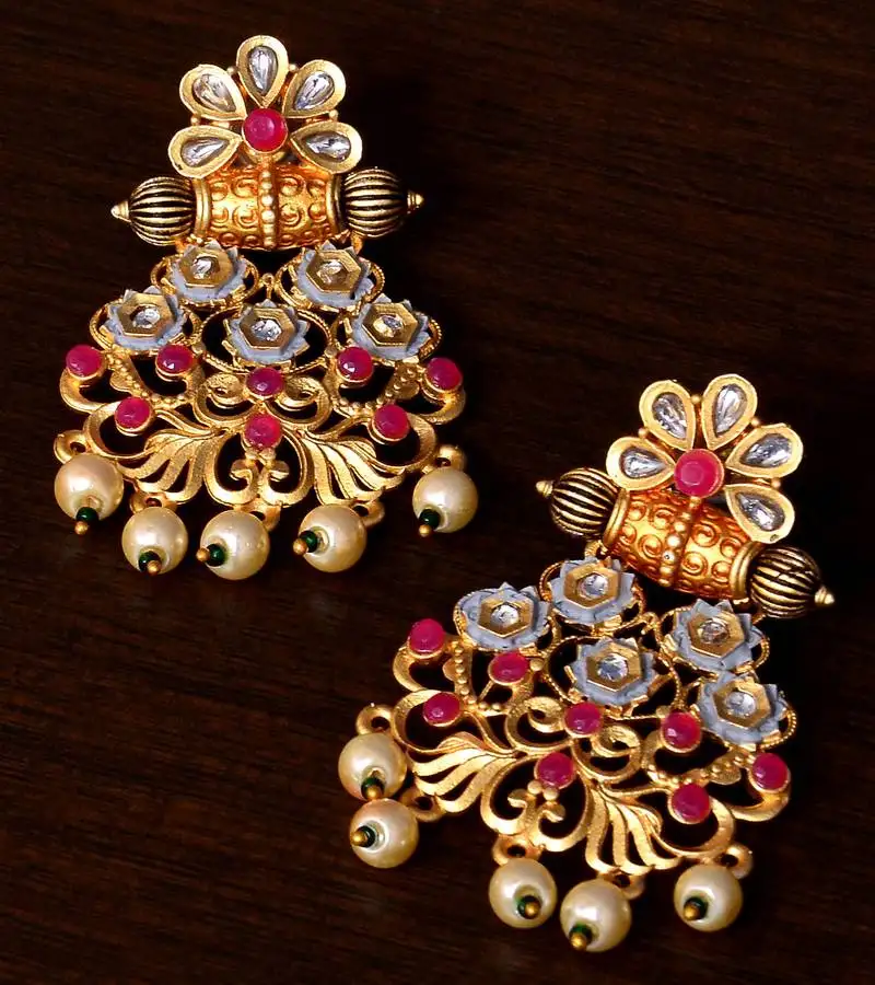 Meenakari worked matte finish kundan embellished earrings 217ed229