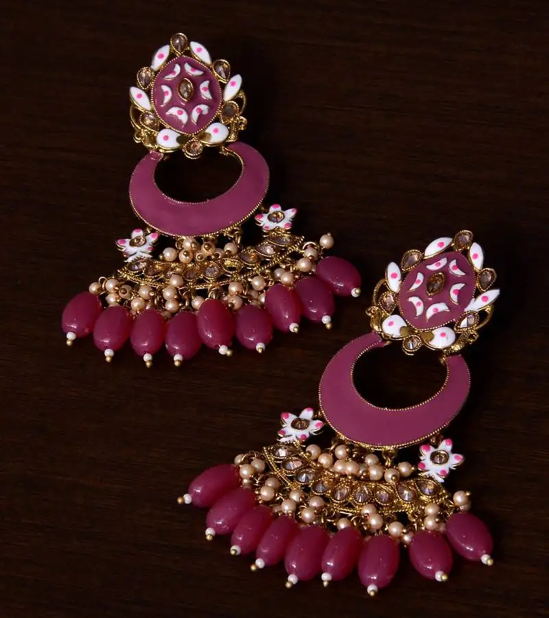 Pink alloy meenakari yellow gold plated chandbali earrings