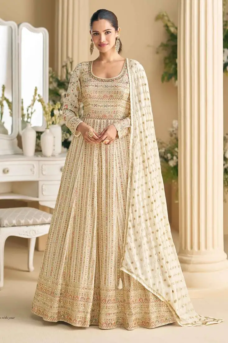 Beige georgette anarkali gown palazzo suit with seroski zarkan, embroidery, beads & sequins, free size up to 42" stitched