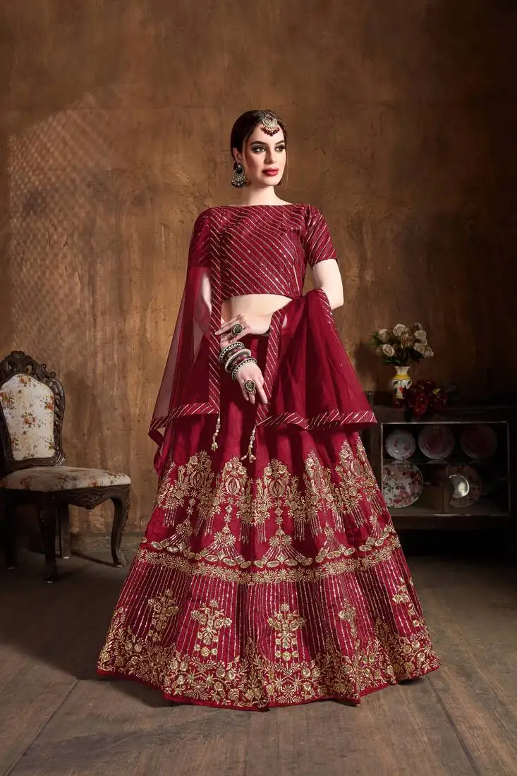 Red embroidered silk semi stitched lehenga