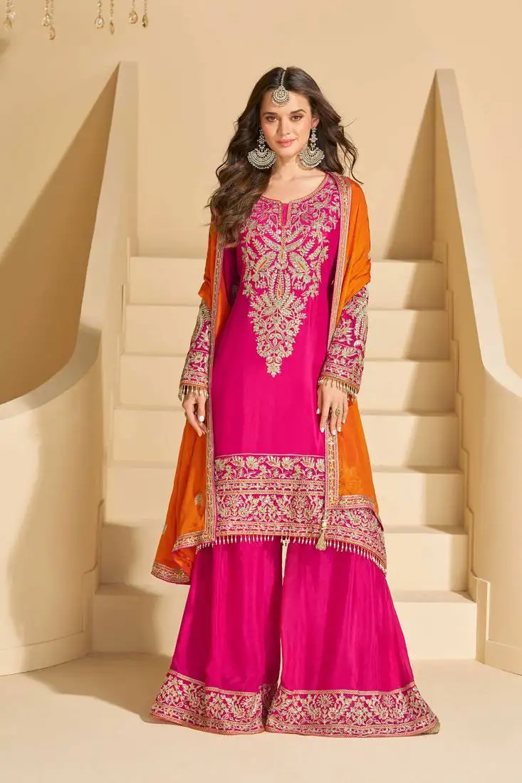 Rani pink chinnon straight palazzo suit with zari embroidery, beads, mirror & embellished work, free size up to 42" stitched