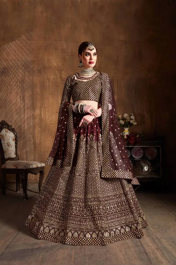 Beautiful maroon embroidered art silk wedding designer lehenga choli for women