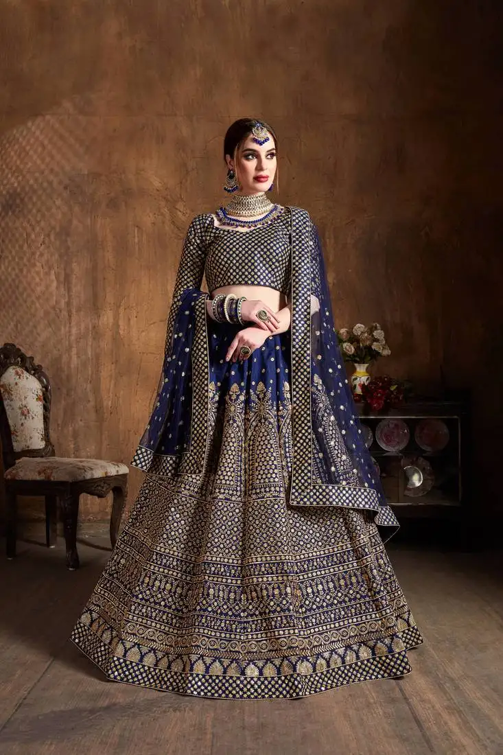 Beautiful navy-blue embroidered art silk wedding designer lehenga choli for women