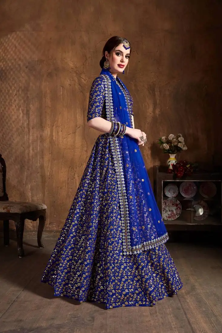 Royal-blue heavy zari and sequins wedding designer lehenga choli with dupatta