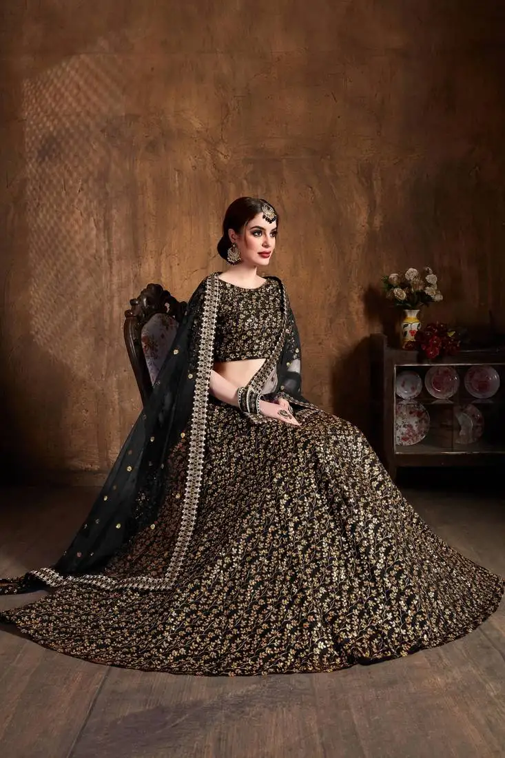 Alluring black heavy zari and sequins embroidered wedding designer lehenga choli with dupatta