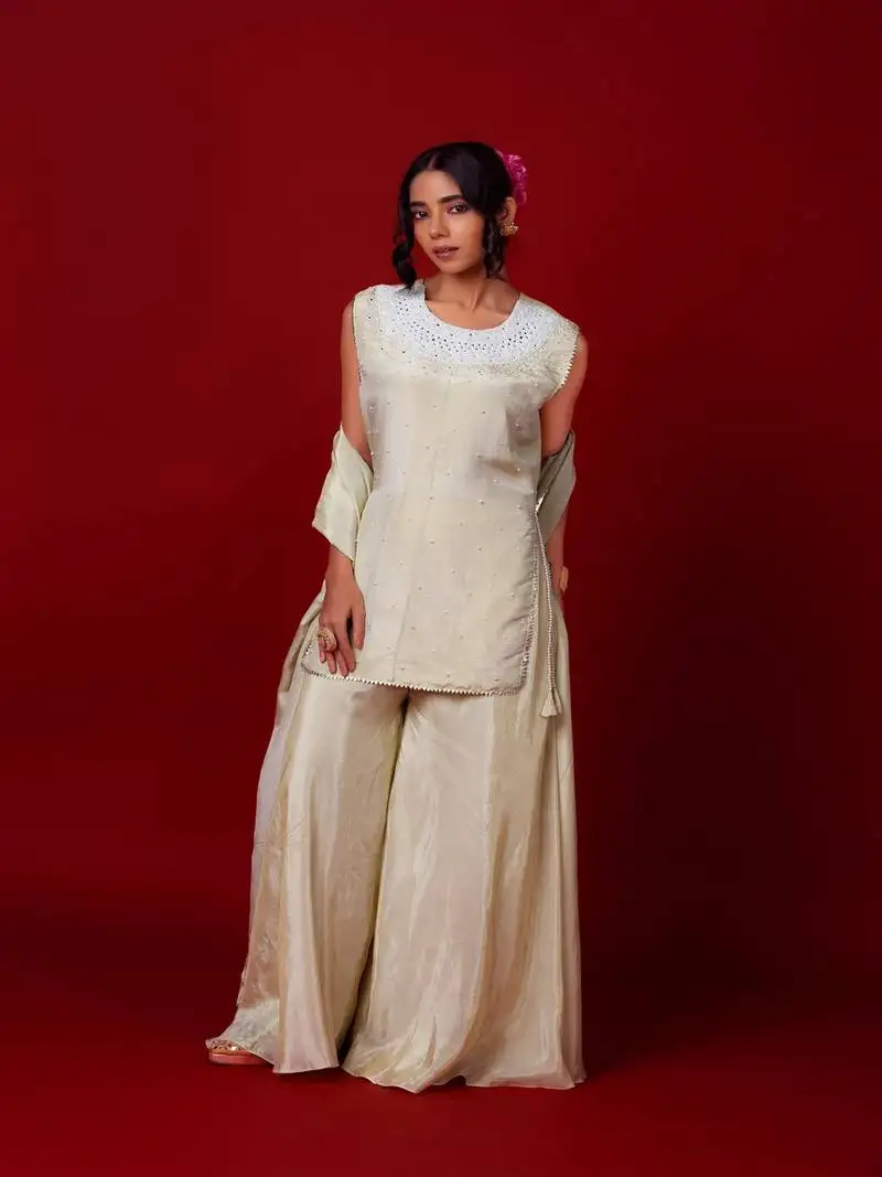 Ivory embroidered tissue sharara