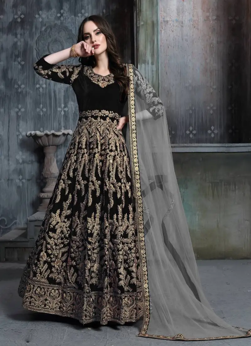 Black embroidered velvet salwar semi stitched