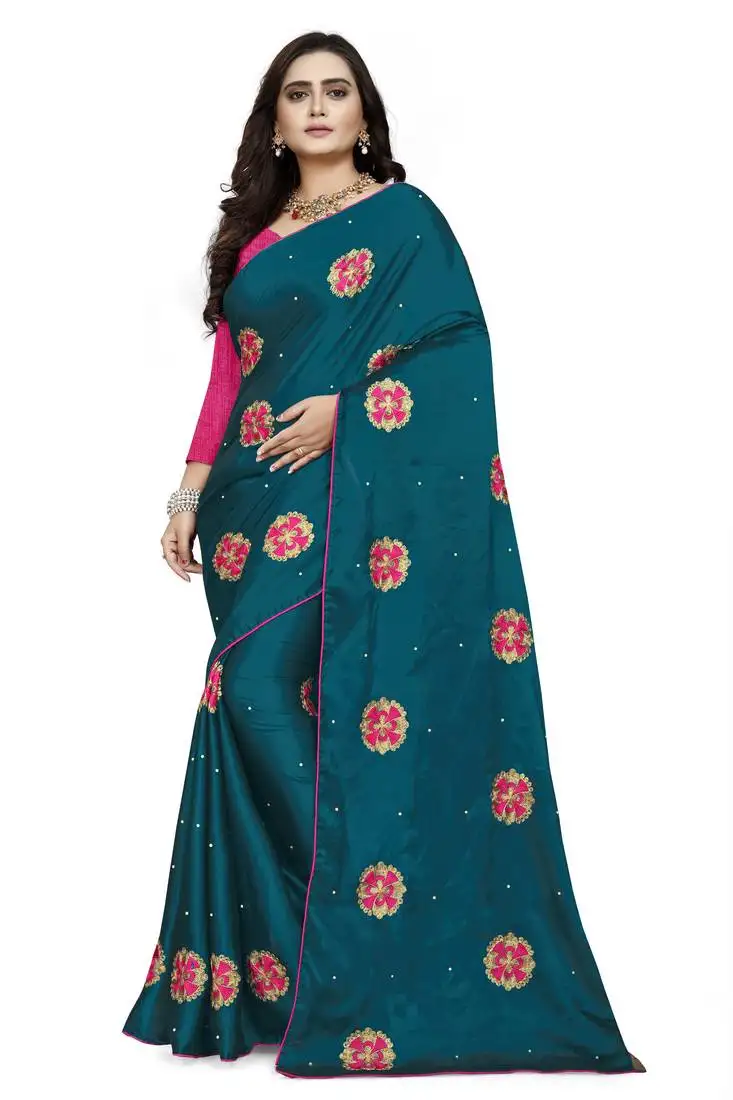 Turquoise embroidered silk saree with blouse