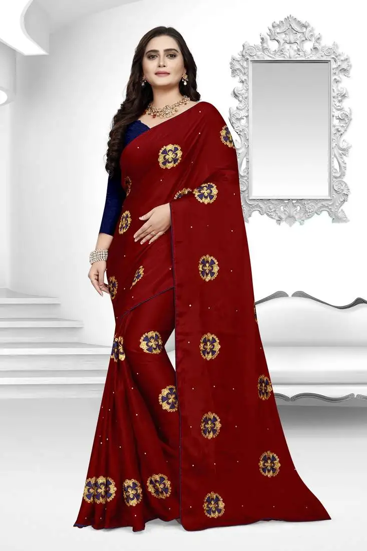 Maroon embroidered silk saree with blouse