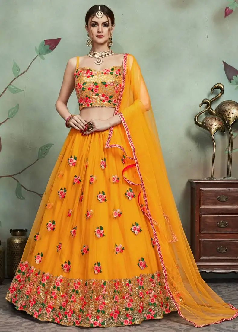 Mustard yellow net sequin thread work lehenga choli