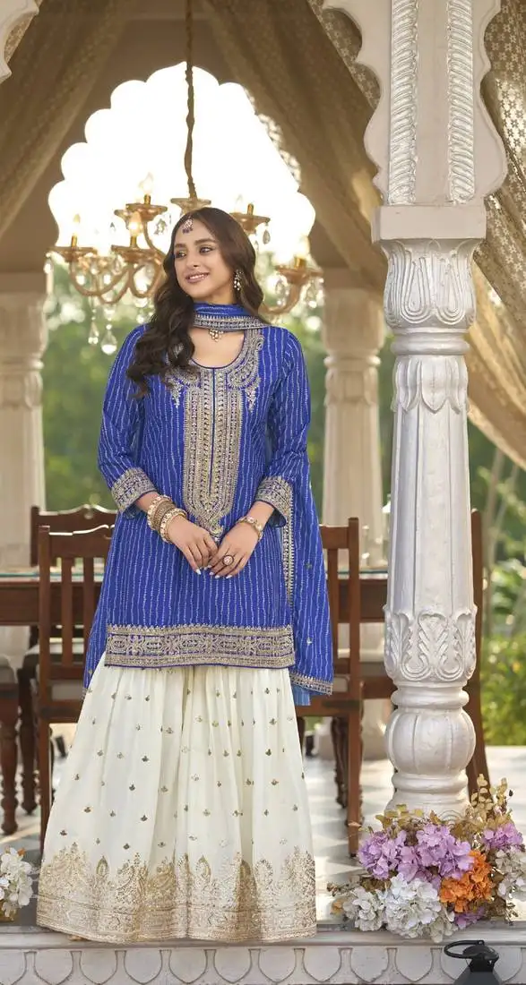 Purple embroidered chinon free size stitched palazzo style salwar suit