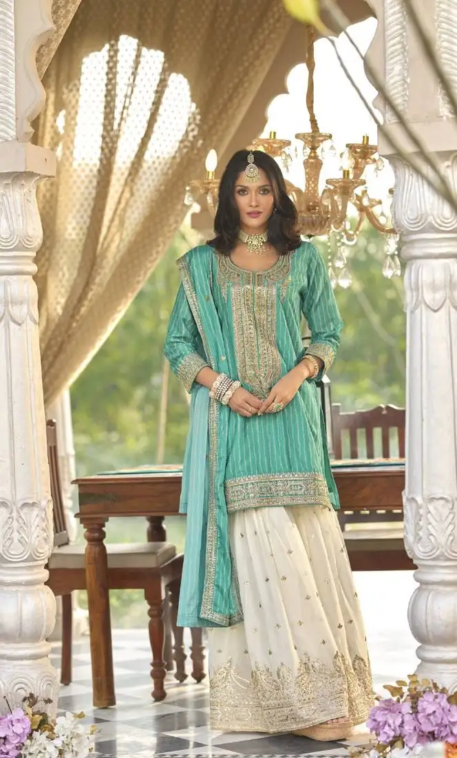 Sea green embroidered chinon free size stitched palazzo style salwar suit
