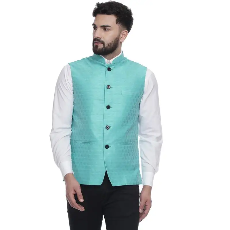 Green brasso jacquard nehru jacket