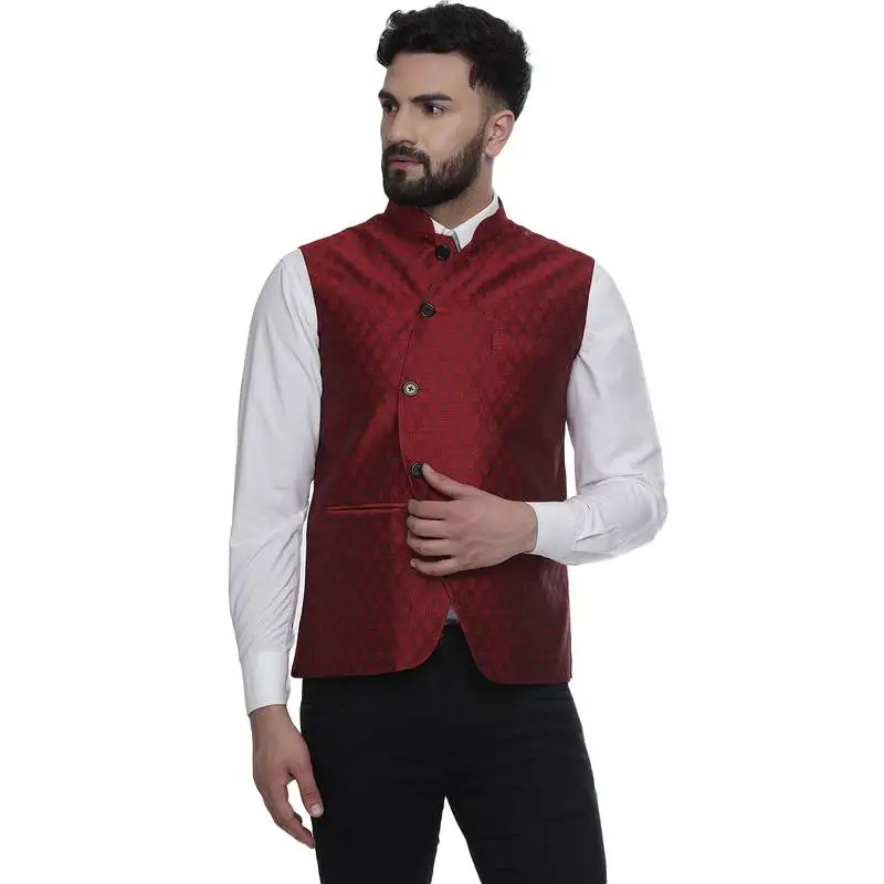 Maroon brasso jacquard nehru jacket