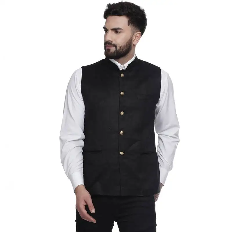 Black plain faux velvet nehru jacket