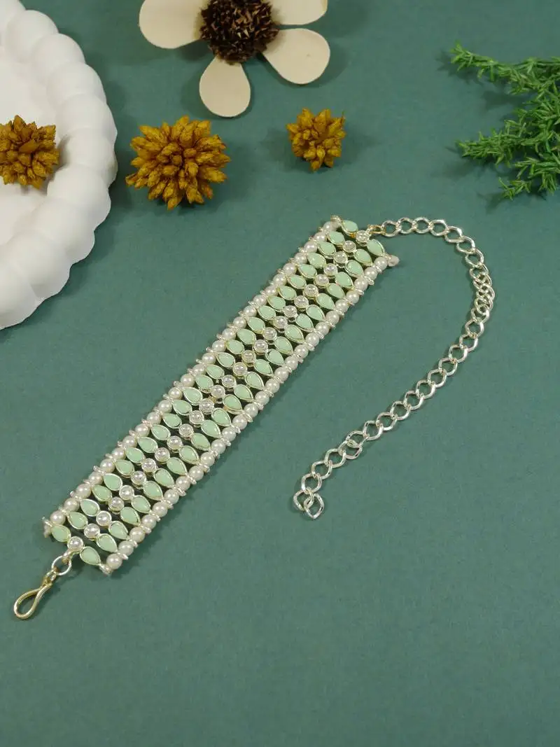 18k gold plated traditional ethnic kundan & pearls adjustable bracelet for women & girls