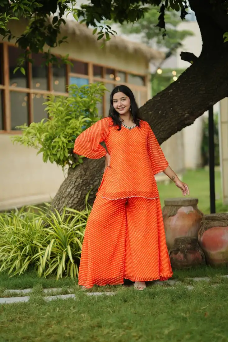 Orange leheriya embroidered kurta with palazo