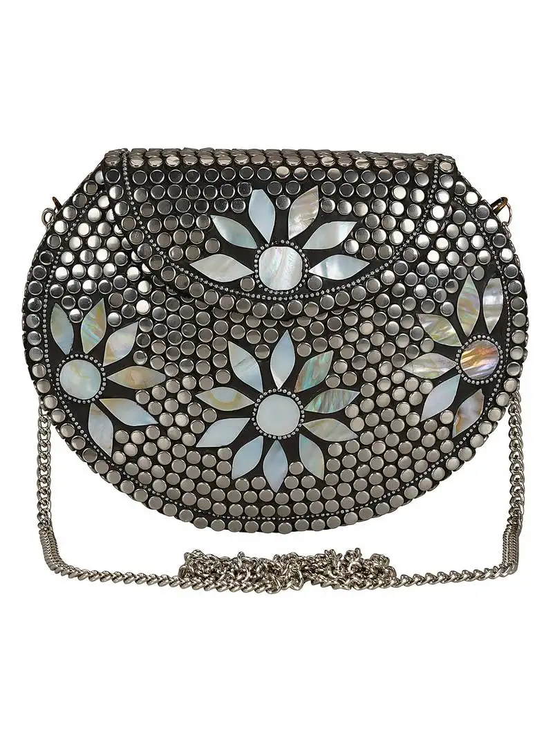 Jewel mosaic metal clutch sliver & white