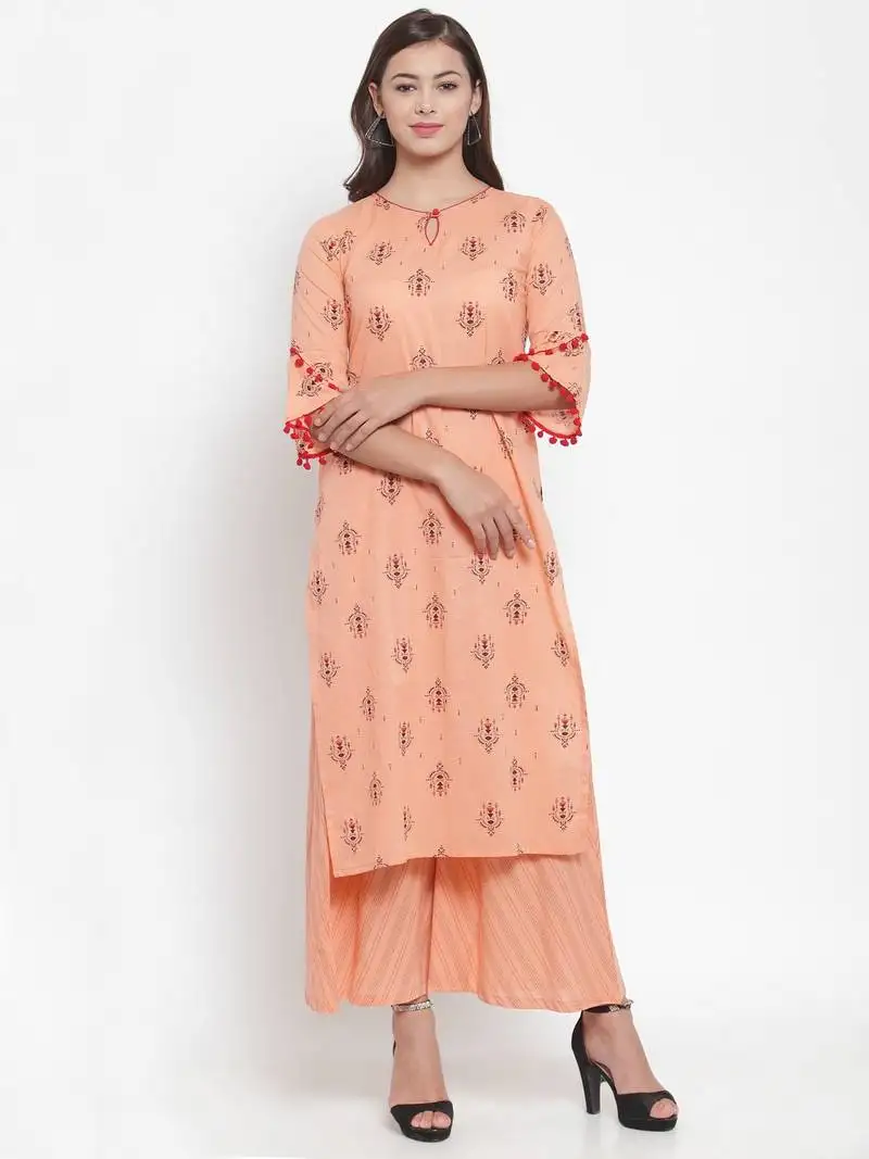 Indibelle peach printed cotton kurtas-and-kurtis