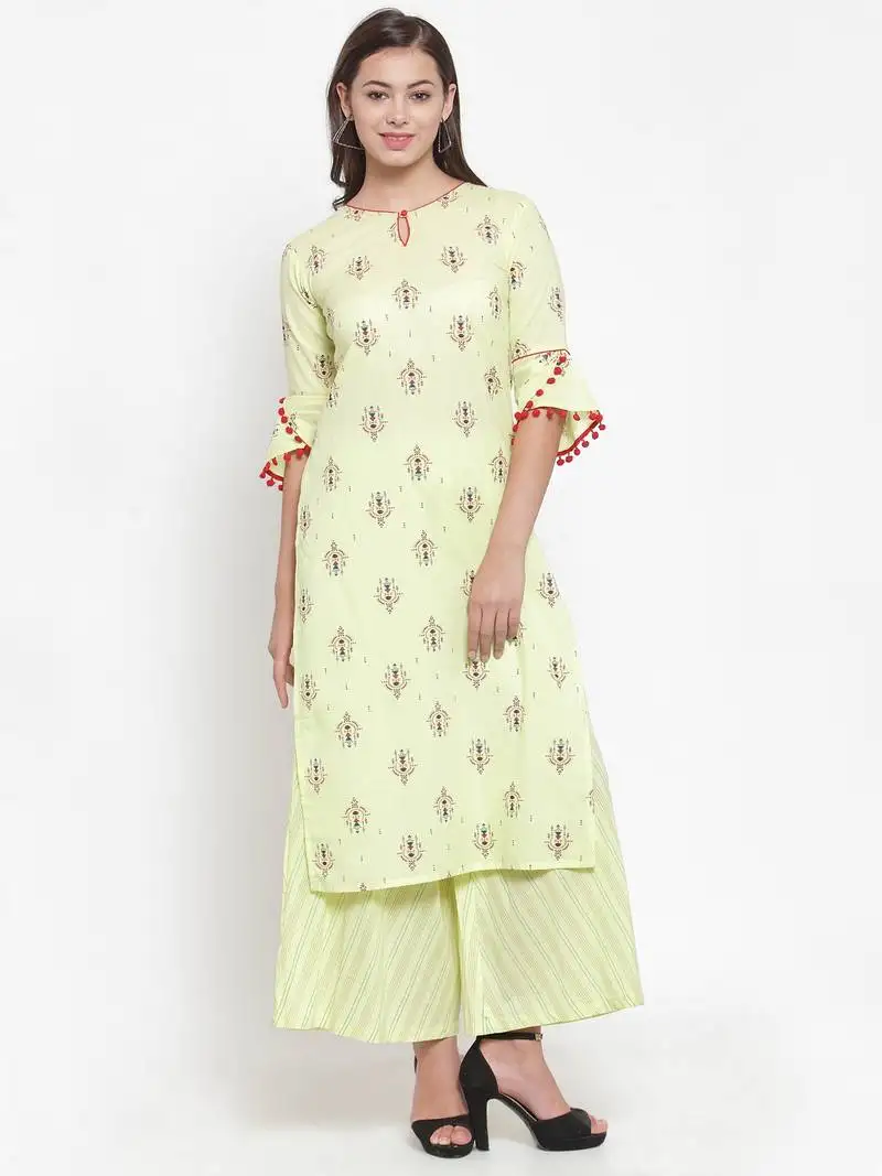Indibelle yellow printed cotton kurtas-and-kurtis