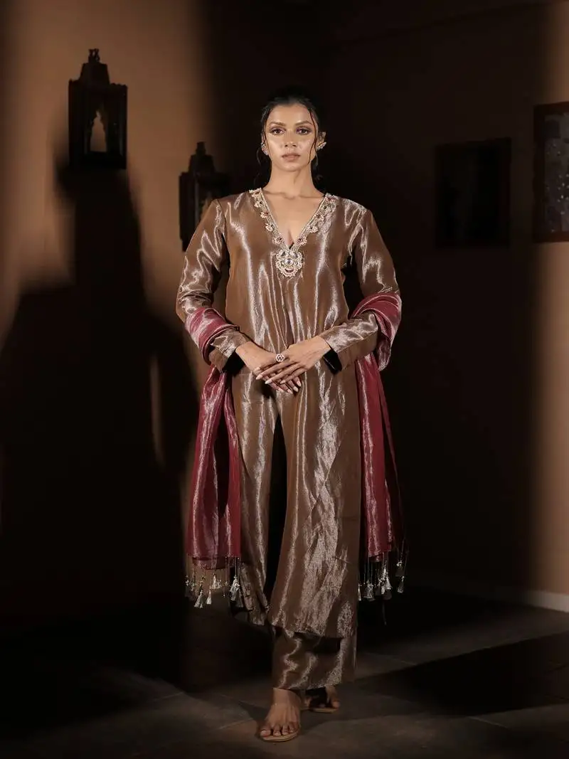 Brown plain tissue kurta set