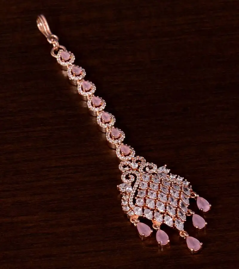 Rose gold plated baby pink and ad stone embellished designer maang tikka 217mts129