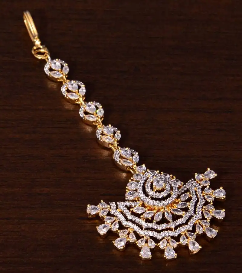 Gold plated american diamond embellished designer maang tikka 217mts138
