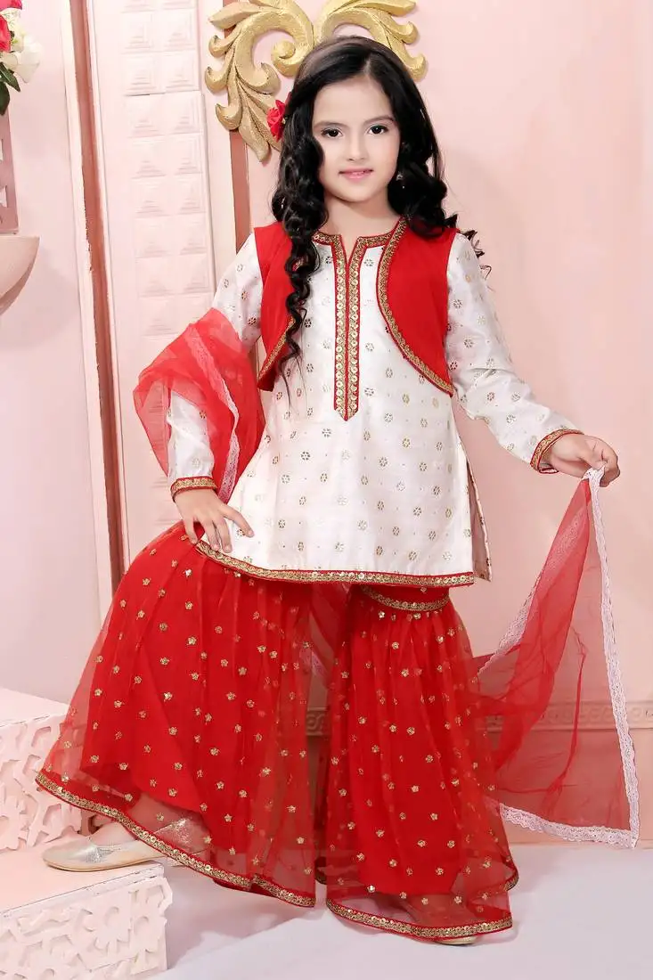 White embroidered chanderi silk kids salwar suits