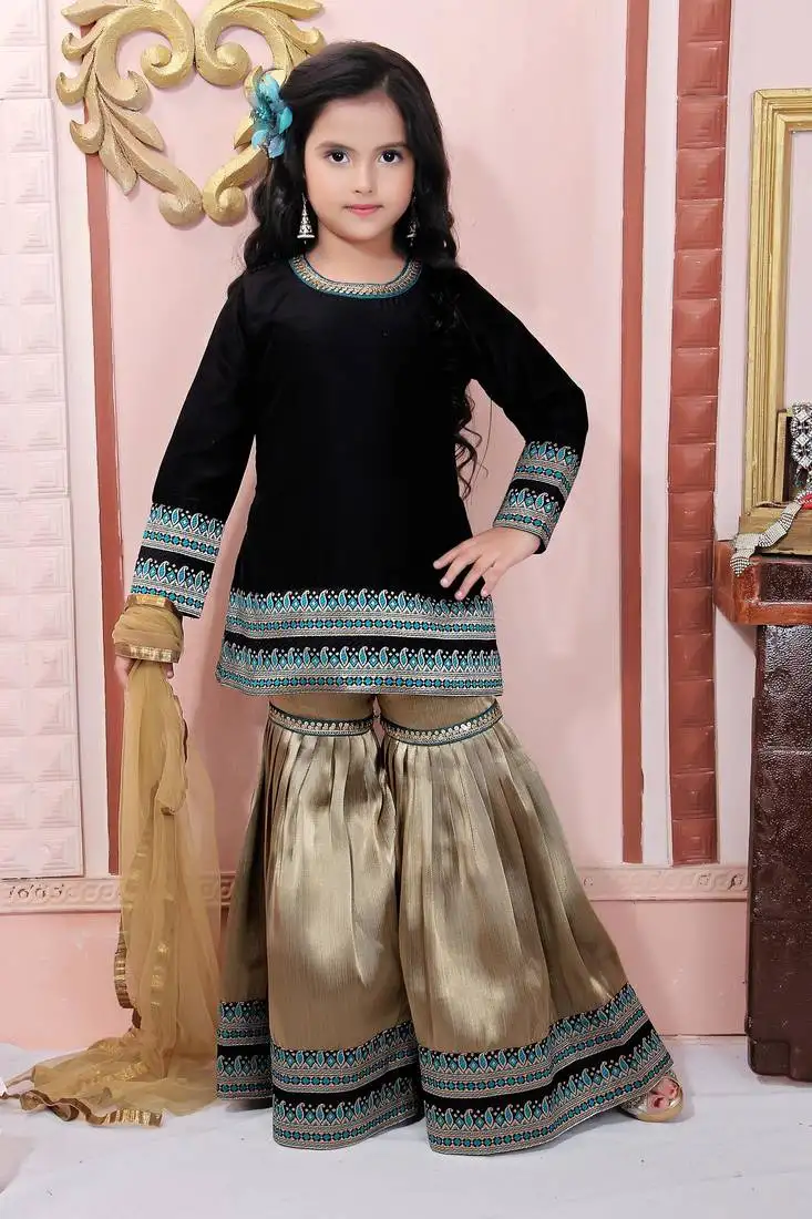 Black embroidered rayon kids salwar suits