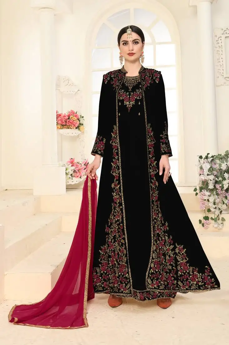 Black embroidered faux georgette islamic style salwar suit dupatta with koti semi stitched