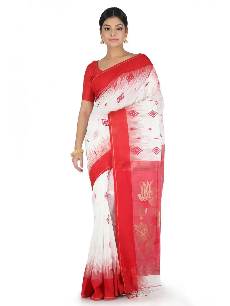 White hand woven cotton silk saree with blouse