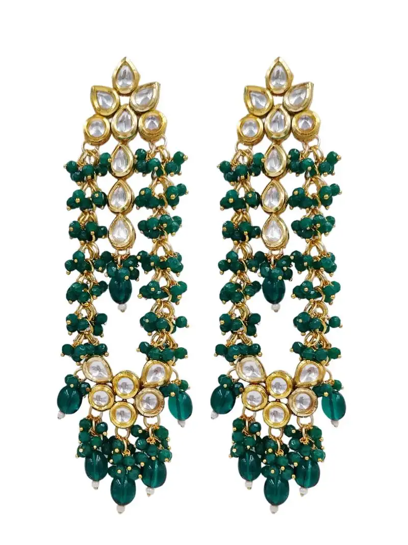Elegant green kundan & beads chain dangler earrings for women & girls.