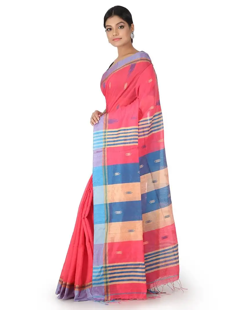 Pink hand woven cotton silk saree with blouse
