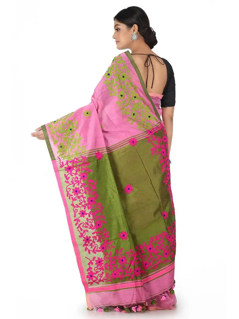 Pink hand woven cotton saree with blouse