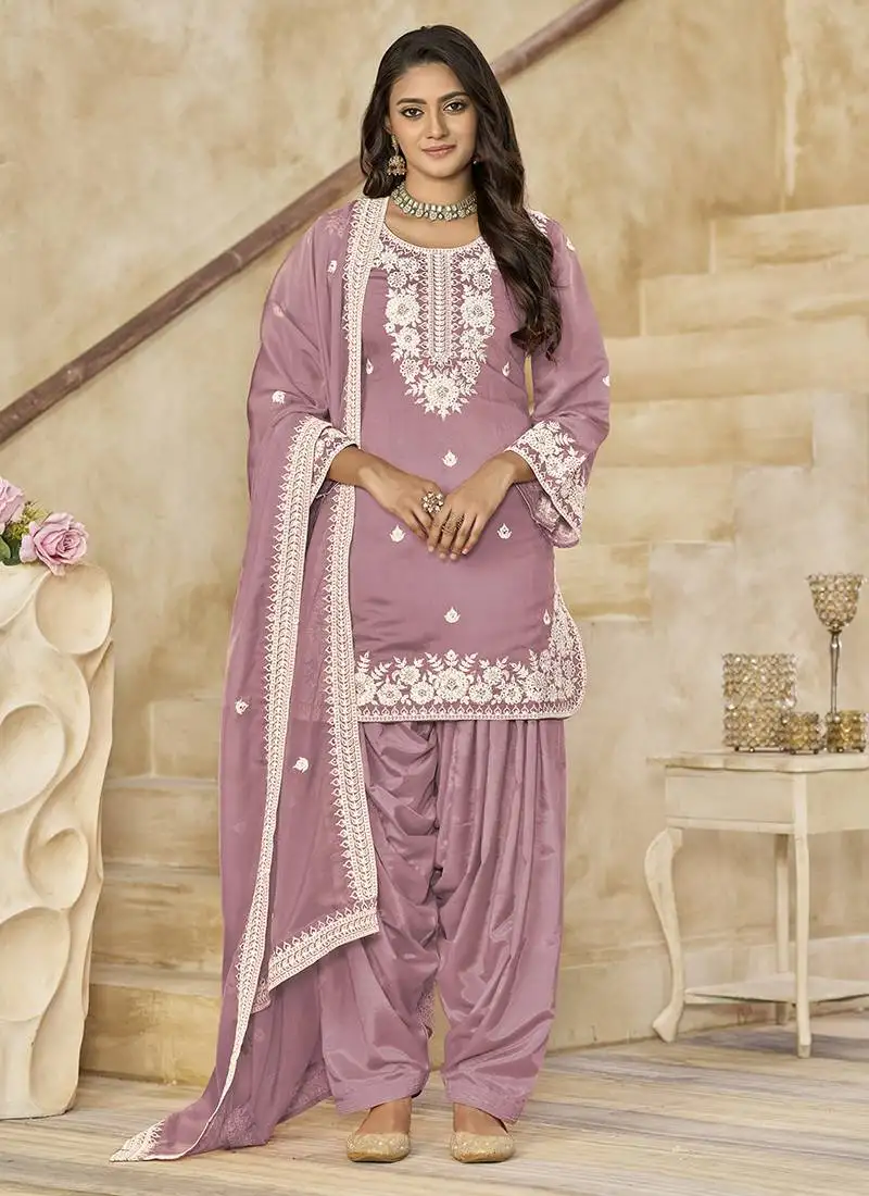 Pink embroidered roman silk patiala suits semi stitched