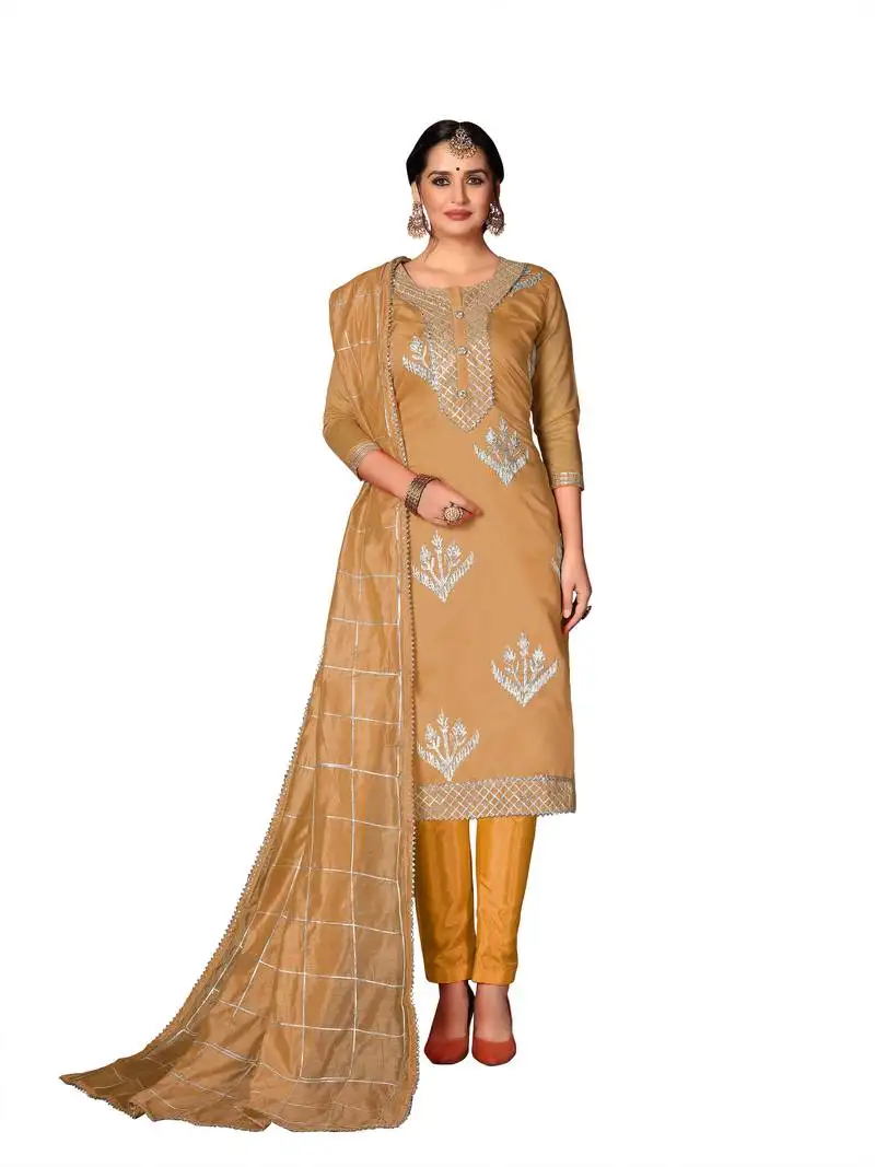 Beige woven cotton salwar semi stitched