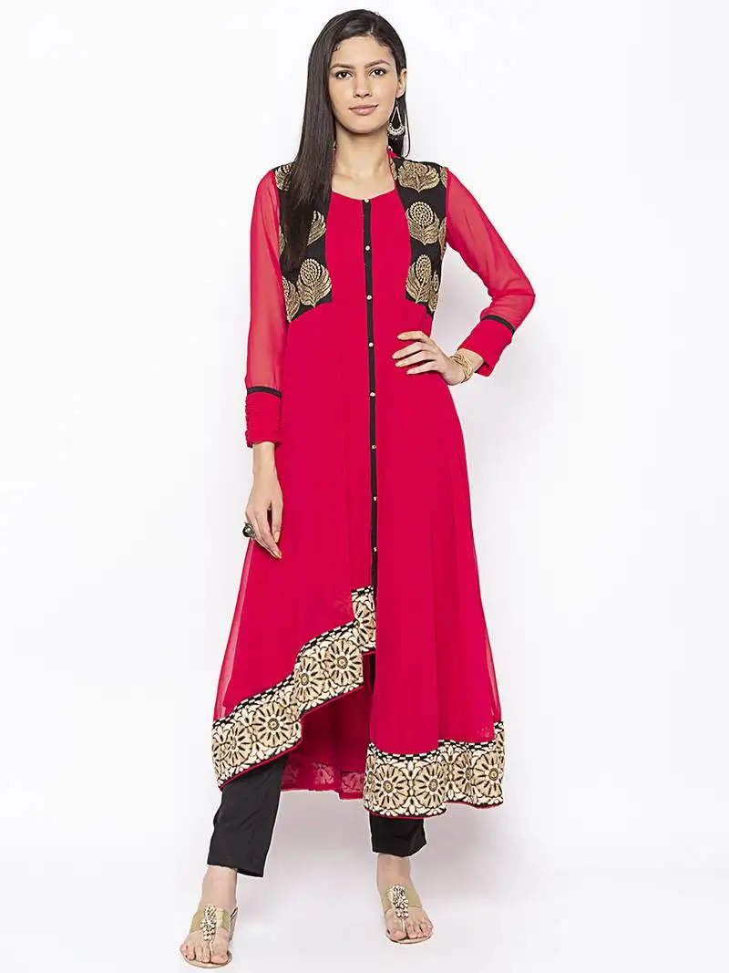 Coral embroidered georgette party wear kurti