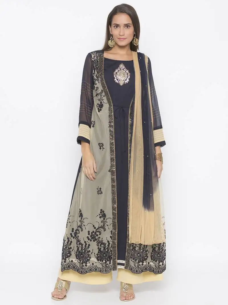 Beige embroidered net salwar stitched