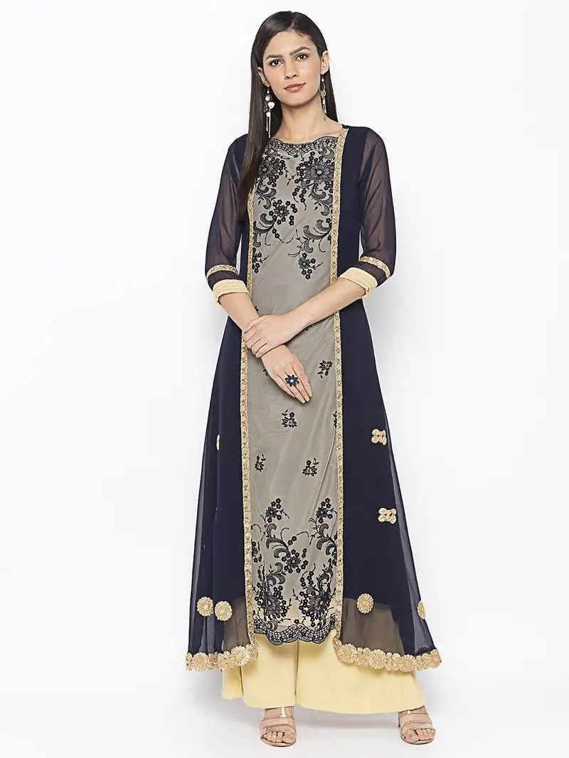 Dark blue embroidered net party wear kurti