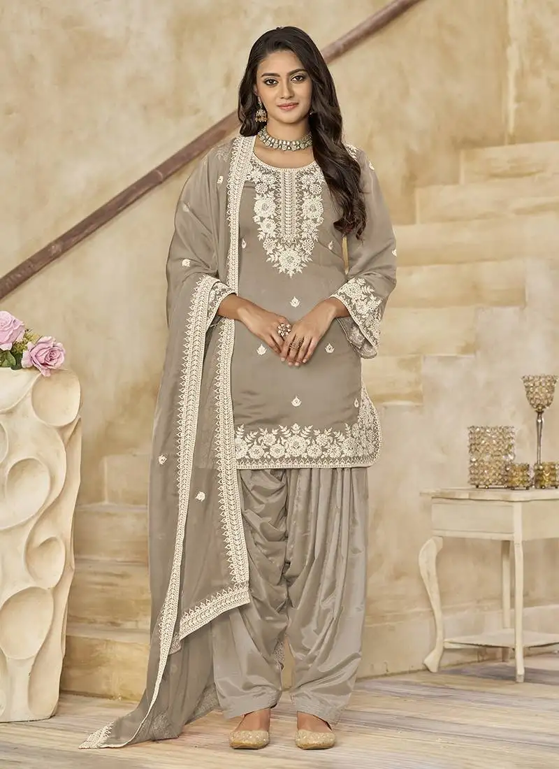 Dusty beige embroidered roman silk patiala suits semi stitched