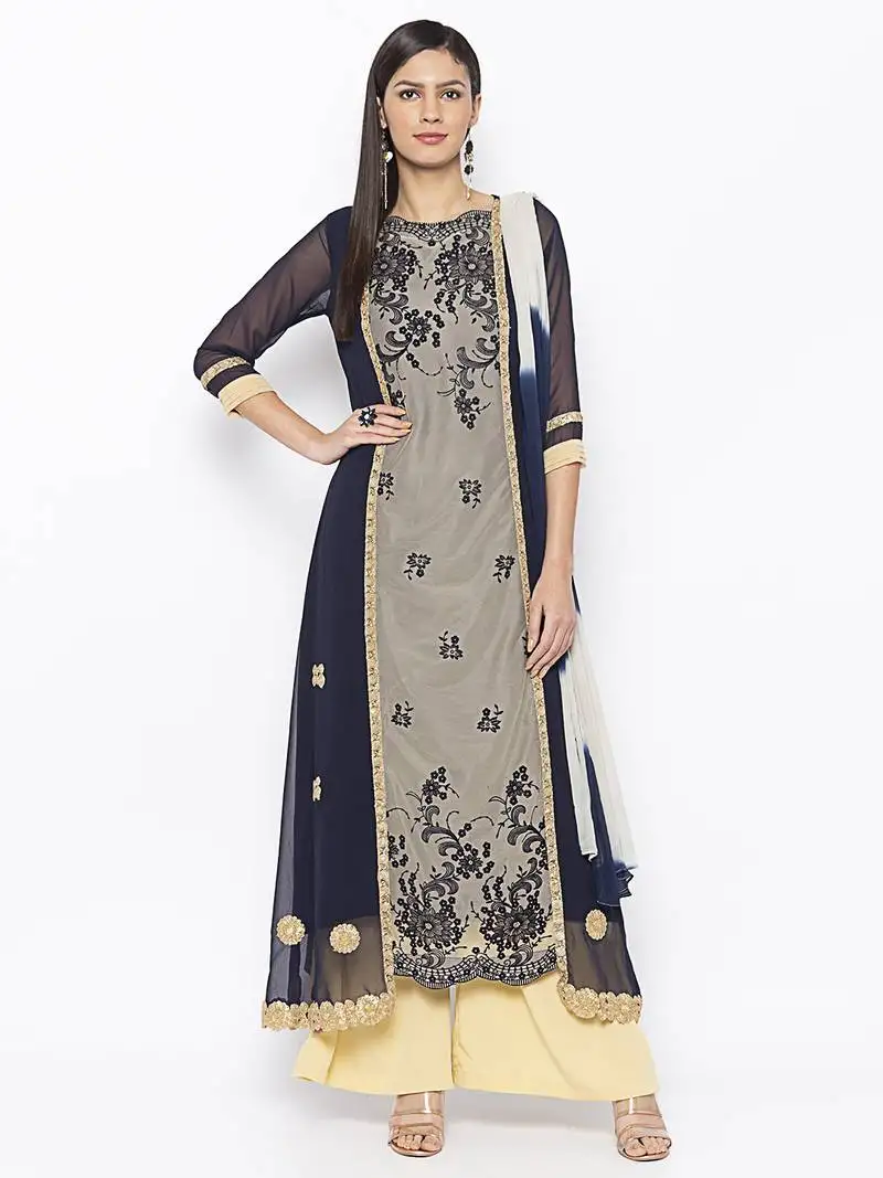 Dark blue embroidered net salwar stitched