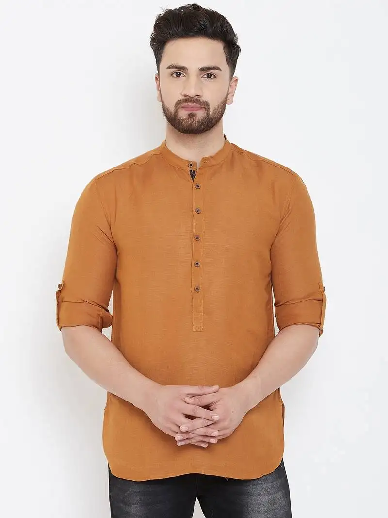 Brown plain pure linen men-kurtas